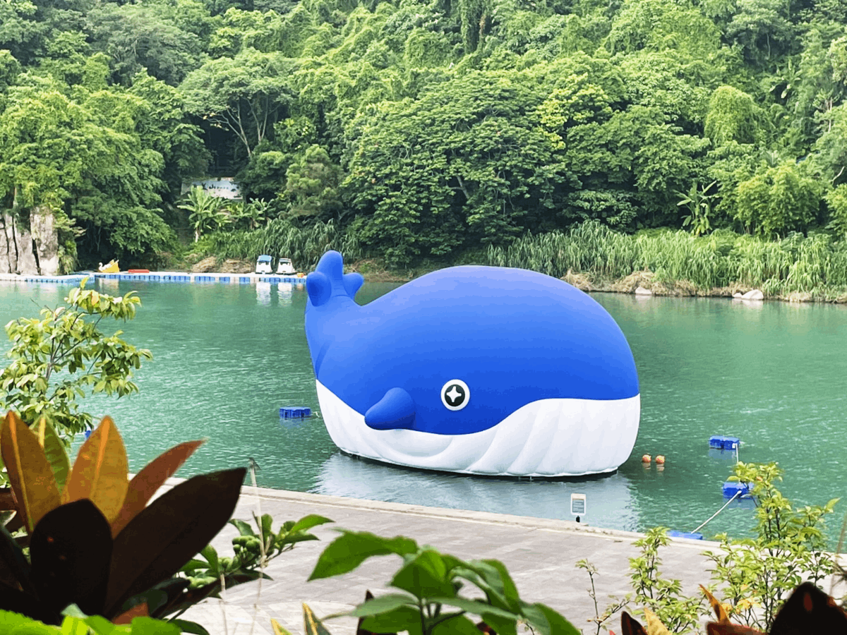 鯨魚裝置在碧潭水面展至8月31日,每日下午3時至晚間9時,每個整點與半點展示超萌噴水表